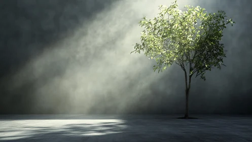 Solitary green tree basking in a soft shaft of morning light.