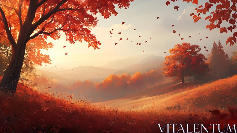 Autumnal valley hills under atmospheric scattering at sunset.