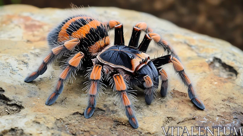Macro study of vividly banded tarantula on natural rock substrate