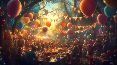 Dense outdoor birthday banquet under lantern-lit forest canopy