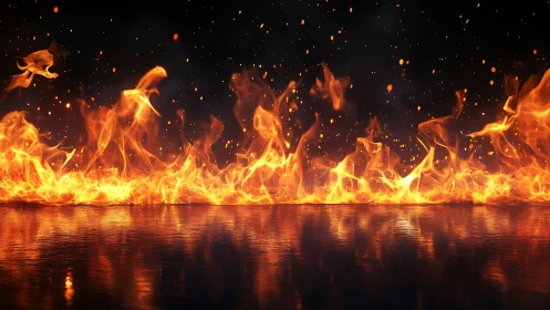 Turbulent flame dynamics with reflective water surface and particle dispersion.