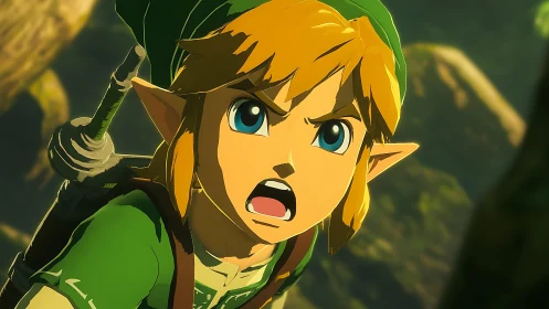 Heroic elf warrior shouting in sunlit forest close-up.