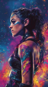 Neon warrior poised in storm of electric color and courage.