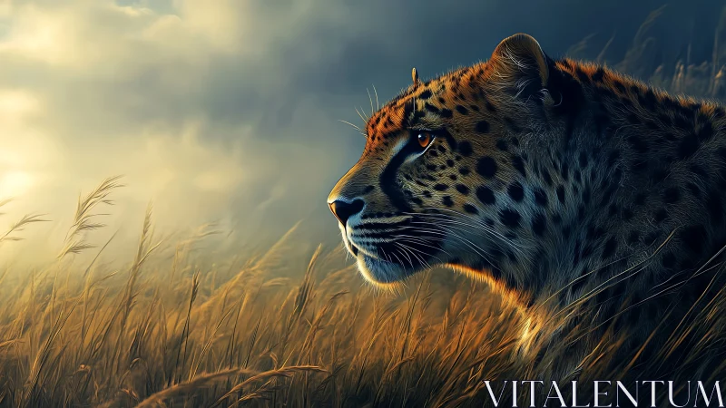 Leopard in Golden Grassland at Sunset.