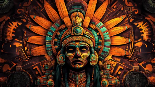 Digital painting of neo-Aztec sun deity mask with radial headdress.