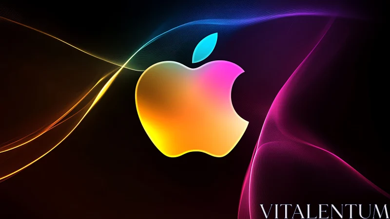 Vibrant neon apple logo glows against swirling dark waves