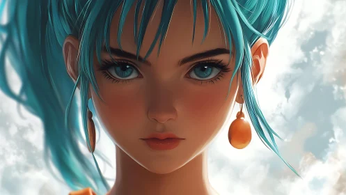 Sky-eyed muse with teal hair and sunlit golden earrings.