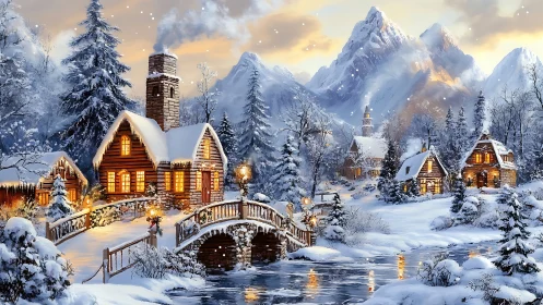 Illuminated alpine village under crystalline winter skyscape.