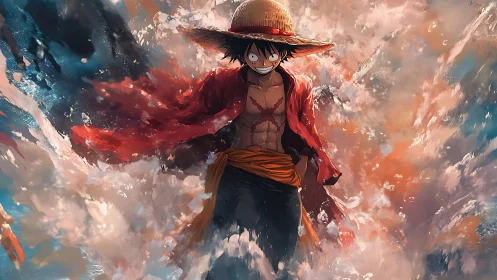 Straw hat figure in red coat amid turbulent abstract spray.