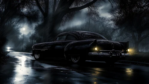 Noir vintage sedan under rain-soaked streetlights at night.