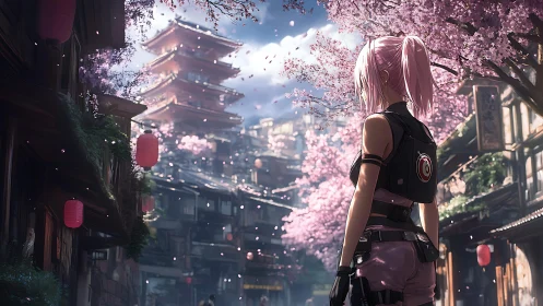 Cyber kunoichi under cherry blossoms in neo-Japanese street.