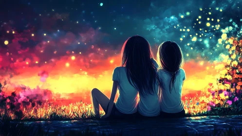 Twilight sparks whisper as two friends watch the sky glow