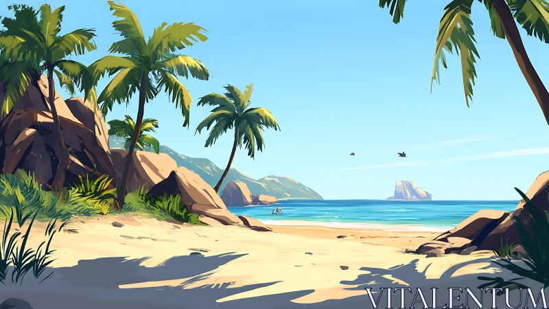 Tropical Paradise Cove: Where Palm Shadows Dance on Golden Shores.