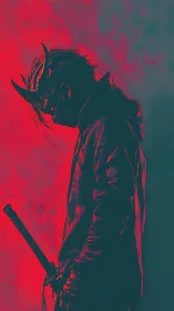 Brooding masked warrior bathed in bold crimson shadows.