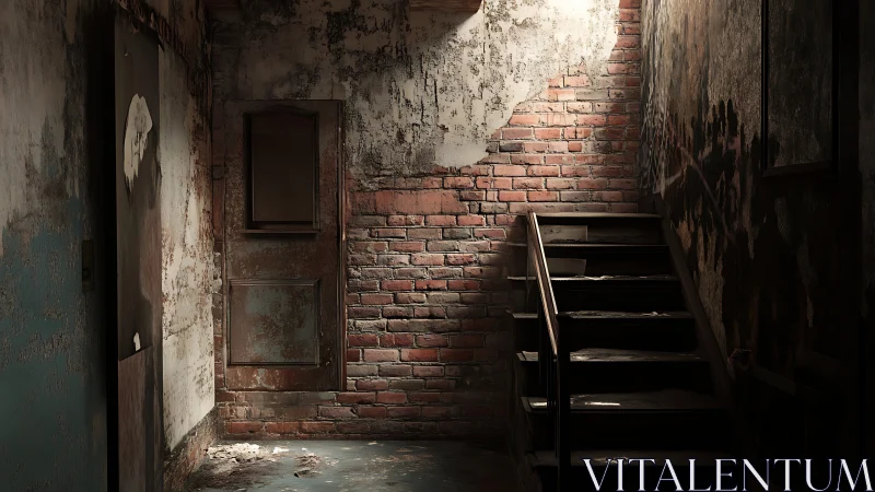 Photorealistic derelict stairwell with textured brick patina.