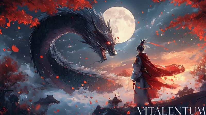 Human figure observes coiling dragon silhouette under full moon