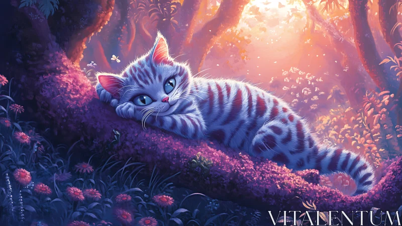 Striped Cat Resting on Pink Flowers in Luminous Forest