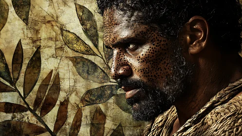 Man with speckled face in profile against textured leaves