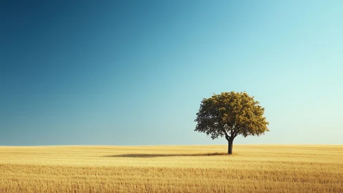 Solitary tree in golden wheat field under cyan gradient sky.