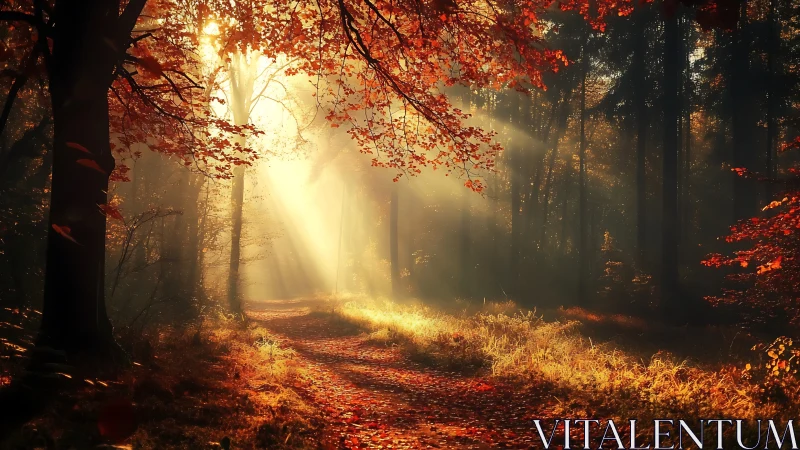 Autumnal forest pathway with atmospheric golden sunlight rays through foliage.
