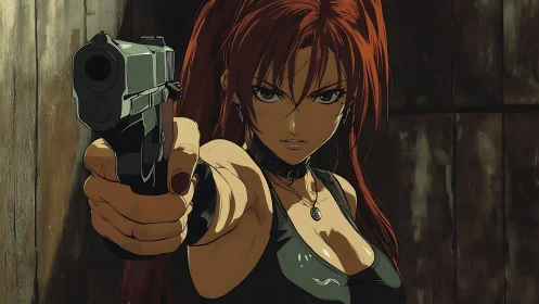 Red-haired gunfighter in close-up anime action framing.