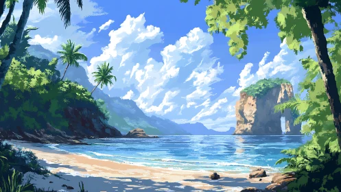 Tropical lagoon with dramatic rock formations and dense vegetation