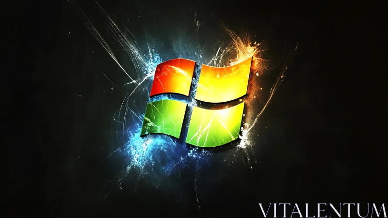 Glowing glass window logo radiates energy across darkness