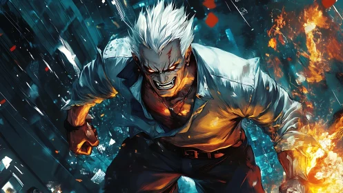 White‑haired inferno brawler storms through a neon firestorm.