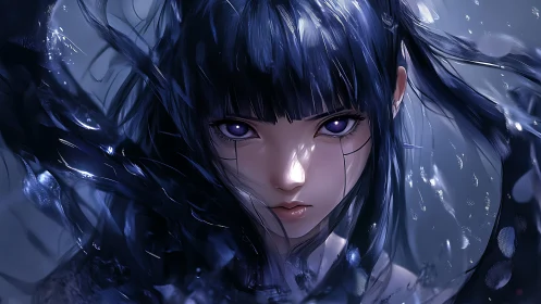 Intense purple eyed anime girl with flowing dark energy