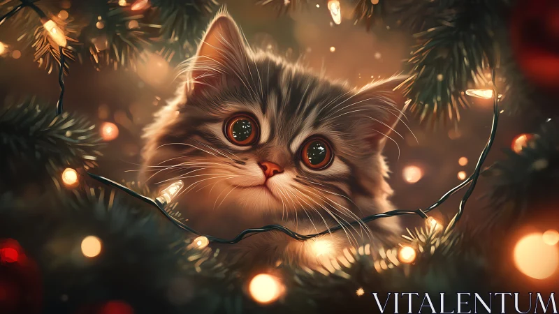 Photorealistic kitten framed by festive bokeh lighting design.