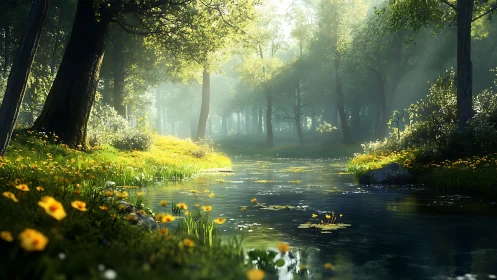 Sunlit Forest Stream Among Ancient Trees.