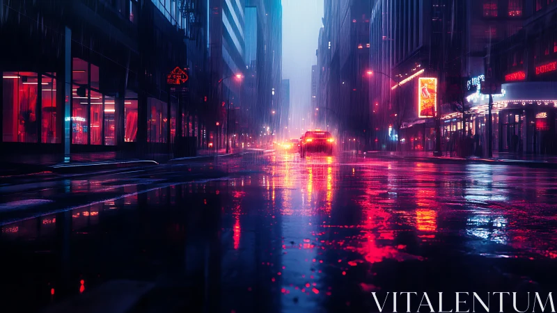 Neon drenched city street reflects car lights in rain