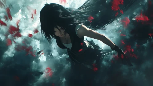 Dynamic anime heroine descending through storm clouds and petals