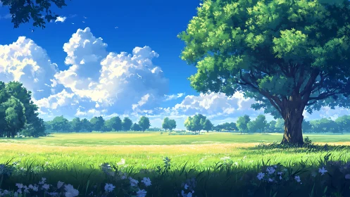 Luminous deciduous tree anchoring sunlit stratocumulus meadow.