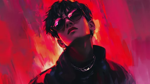 Neon backlit youth portrait in magenta red digital brushwork