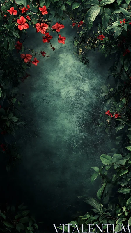 Emerald jungle window framed in scarlet hibiscus bloom.