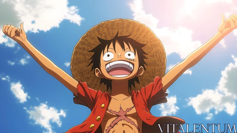 Anime character victory pose under bright summer sky.