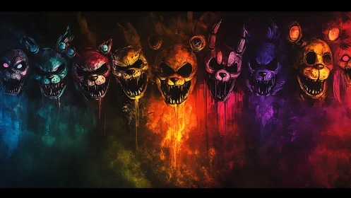 Row of monstrous animatronic heads dissolves into neon haze