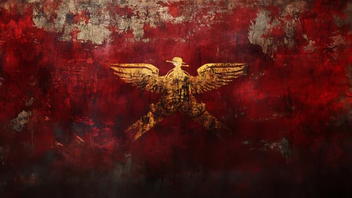 Golden eagle emblem on distressed red textured wall.