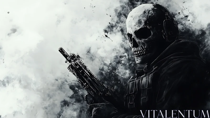 Ghostly tactical shooter amid swirling monochrome smoke.