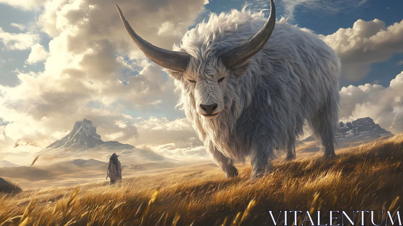 Gentle giant yak wanders golden plains under soft skies