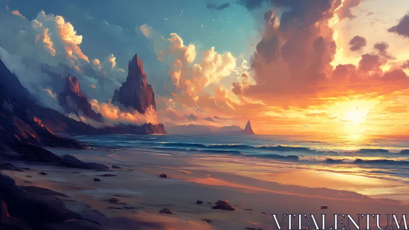 Sunlit coastal cliffs glow under expansive painted sky.