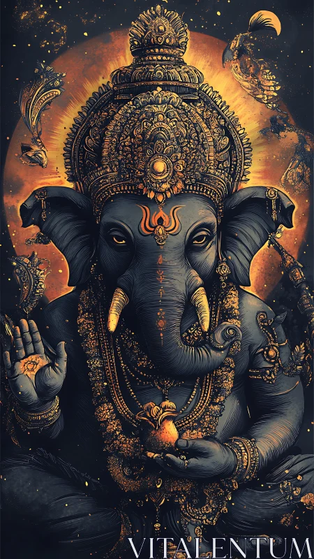 Radiant Ganesha portrait glows with ornate golden serenity