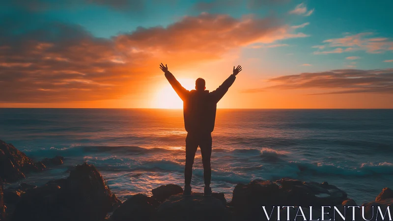 Silhouette on rocky shore facing sunset over calm ocean.