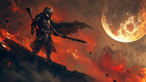 Armored wanderer surveys an infernal moonscape in cinematic detail