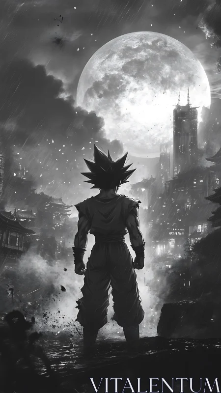 Lone anime warrior confronts stormlit city beneath colossal moon.