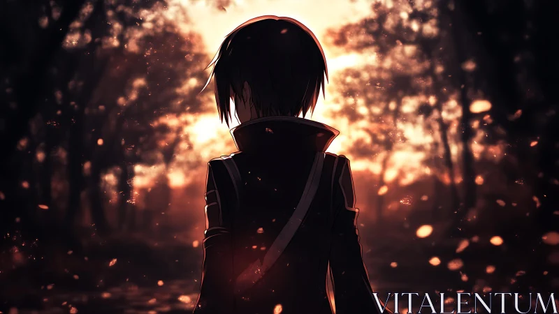 Silhouetted anime figure in glowing autumn forest light.