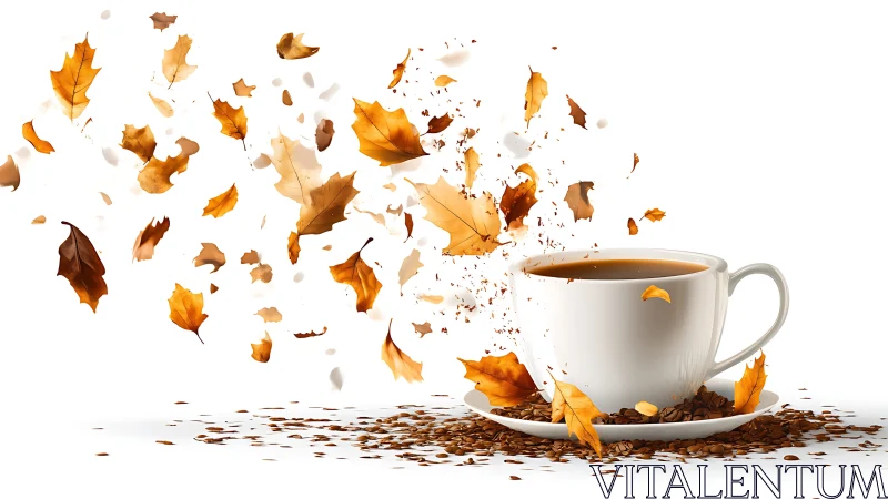 Photorealistic white cup with autumn leaves dissolving into steam