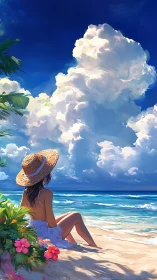 Sunlit beach girl under towering summer clouds.
