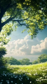 Sunlit hillside meadow beneath luminous spring canopy.